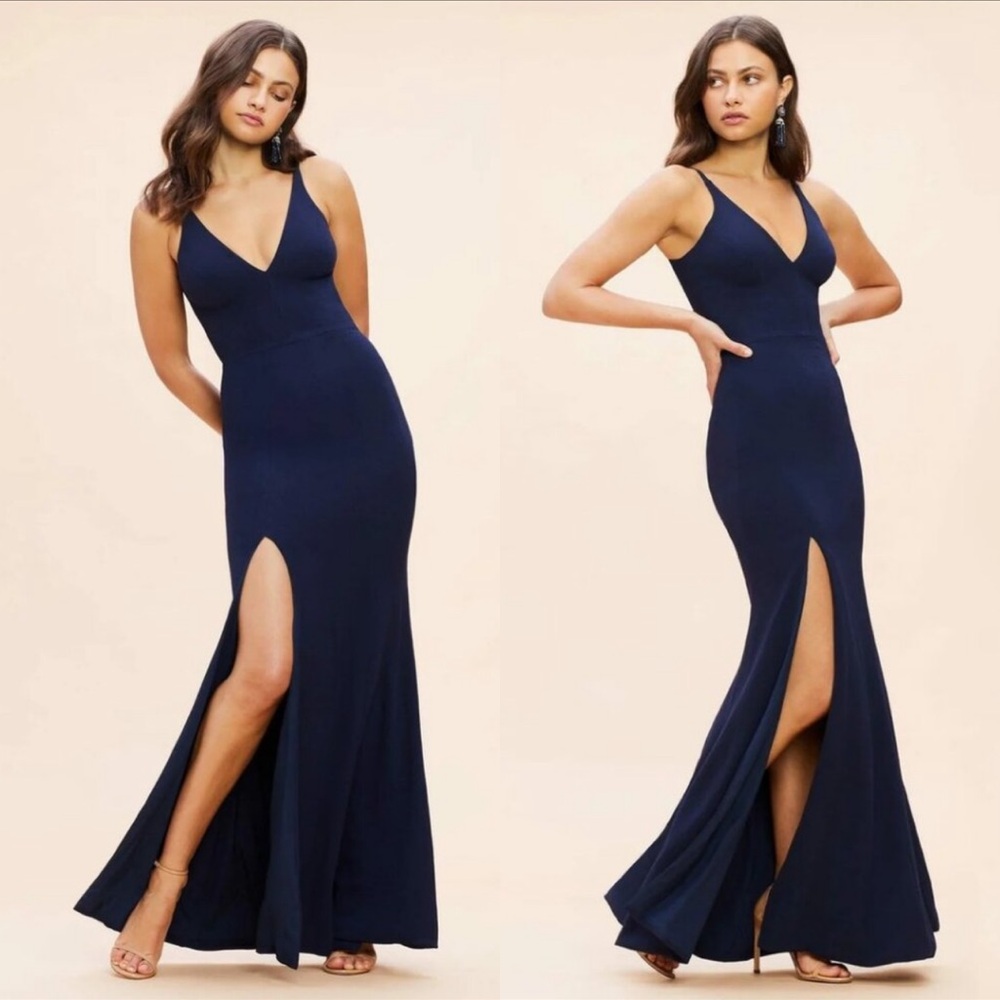 DRESS THE POPULATION Iris Crepe Trumpet Gown Dress in Midnight Blue Size M NWOT